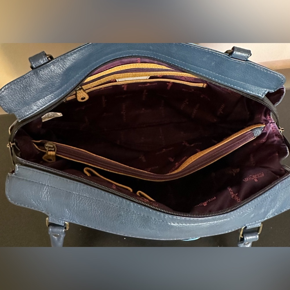 Anuschka Hand Painted Leather Teal Floral Tote Shoulder Handbag Purse - Picture 15 of 16